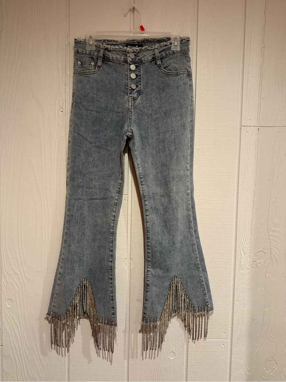 High-Rise Light Blue Jeans with Beaded Fringe Hem